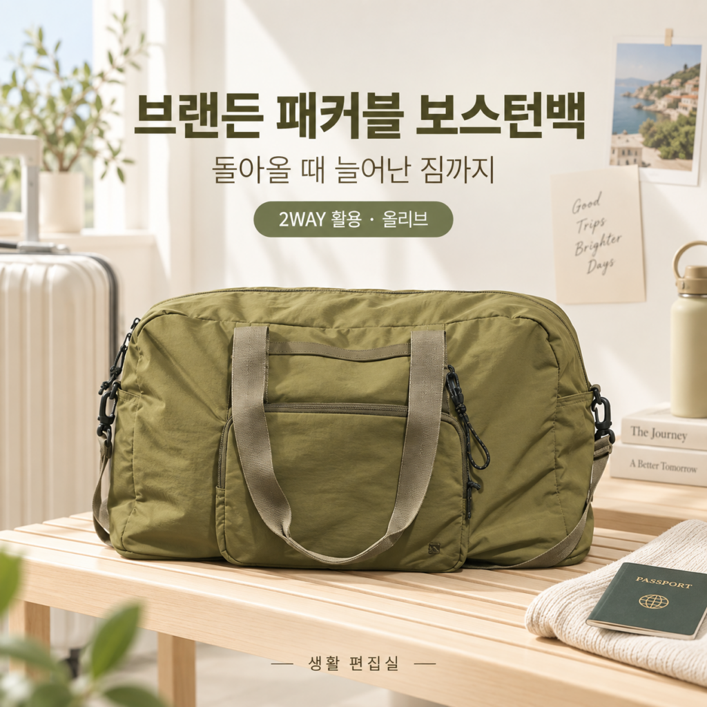 브랜든 패커블 보스턴백 올리브 상세 리뷰｜2WAY 여행가방 장단점 제품 이미지